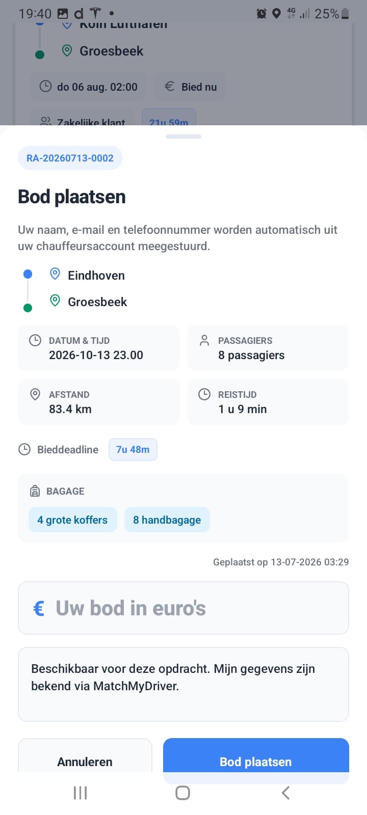 MatchMyDriver app, bod plaatsen