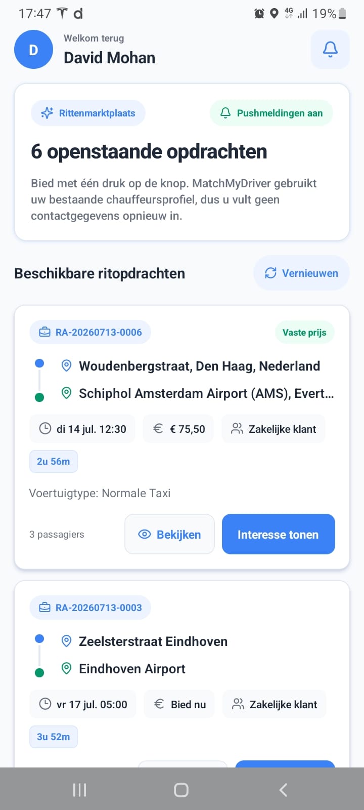 MatchMyDriver app, ritopdrachten overzicht